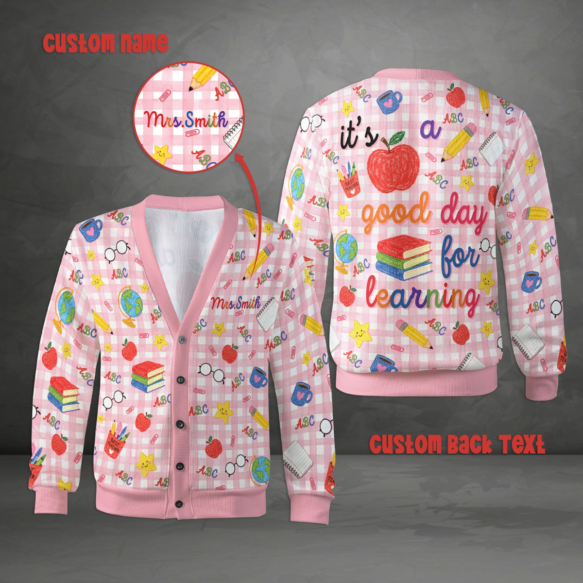 Front view of the personalized pink teacher cardigan with custom name