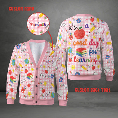 Front view of the personalized pink teacher cardigan with custom name