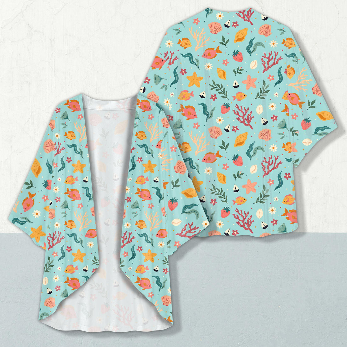 Front view of the blue tropical kimono cardigan