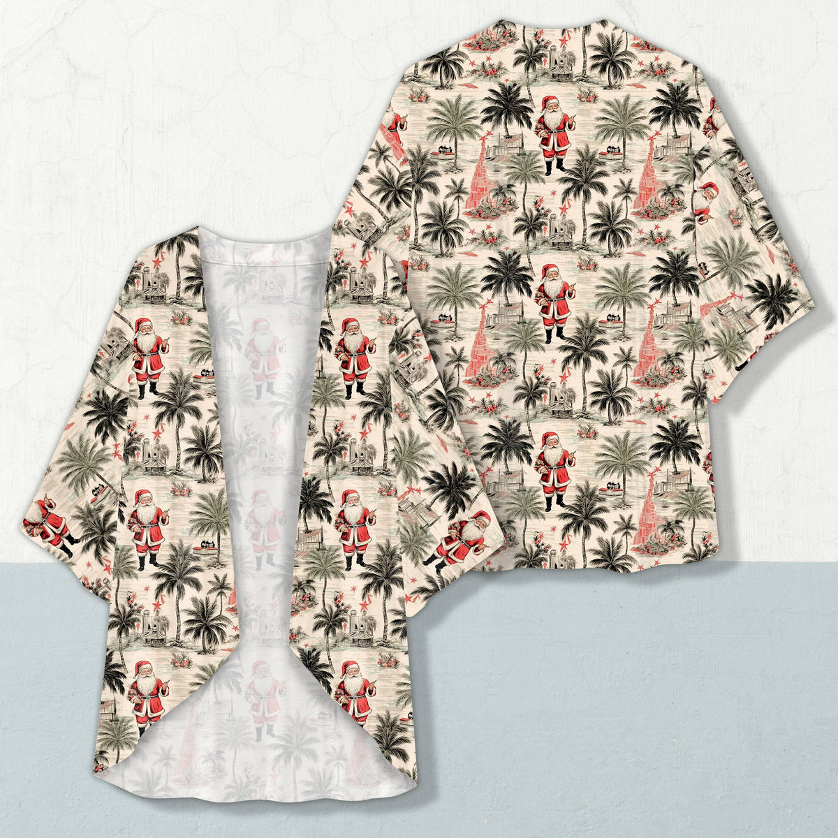 Ugly christmas cardigan men and women tropical Santa design on a beige background