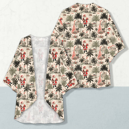 Ugly christmas cardigan men and women tropical Santa design on a beige background