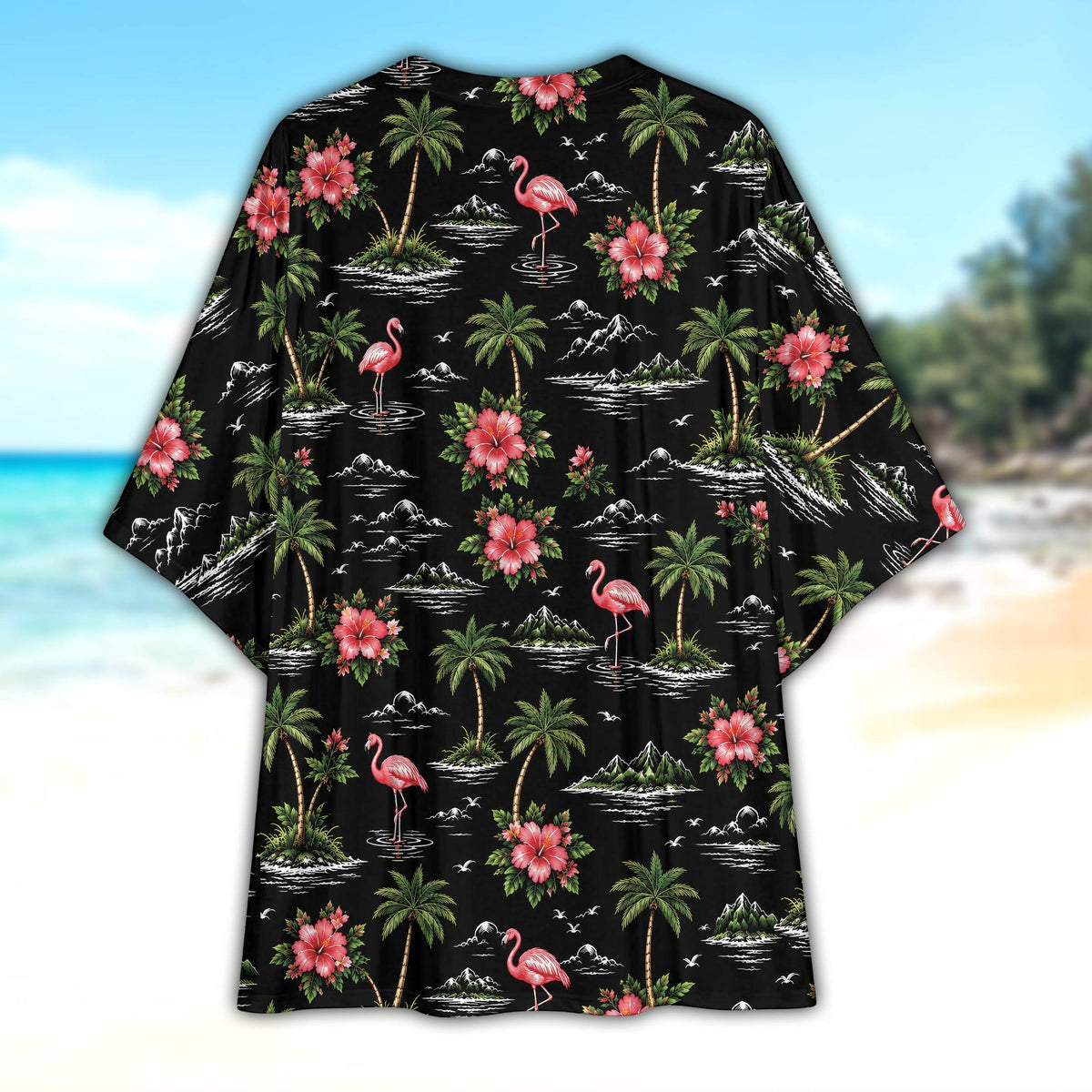 Back view of the tropical kimono cardigan displaying the continuous vibrant flamingo pattern