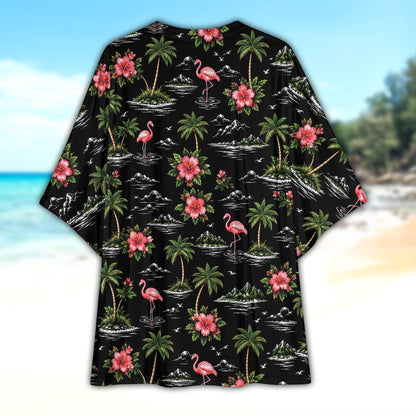 Back view of the tropical kimono cardigan displaying the continuous vibrant flamingo pattern