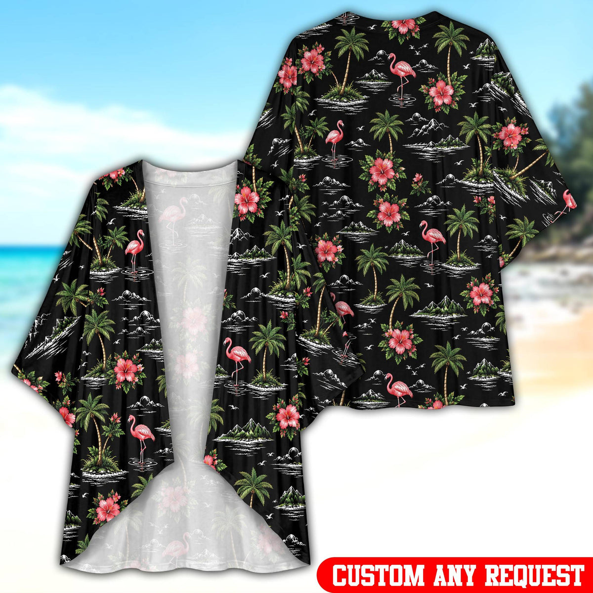 Front view of the tropical print cardigan showing detailed palm tree and mountain island motifs