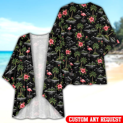 Front view of the tropical print cardigan showing detailed palm tree and mountain island motifs