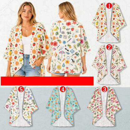 Family wearing matching tropical print cardigans outdoors