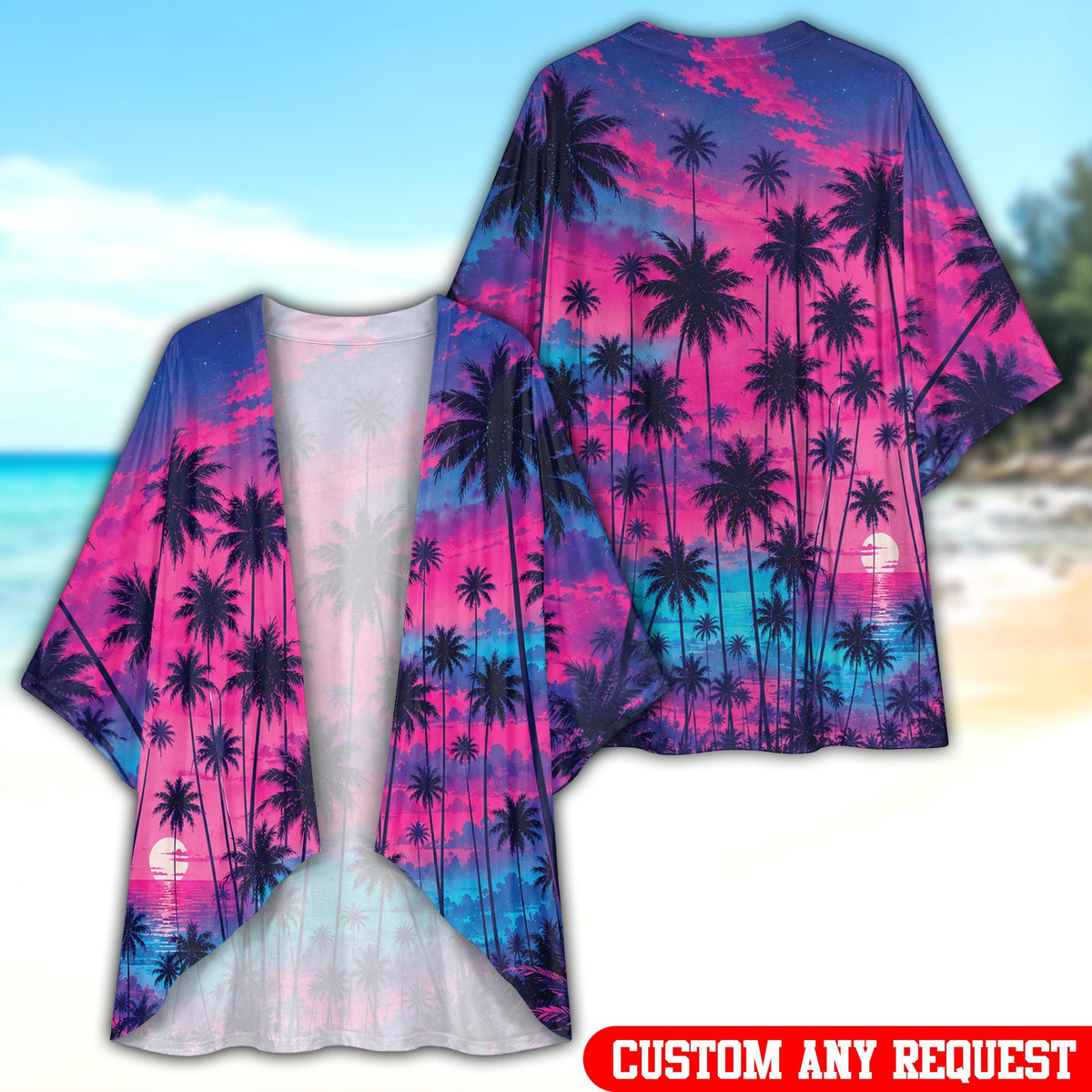 Tropical sunset cardigan featuring neon sky and palm tree print in pink and purple, main view