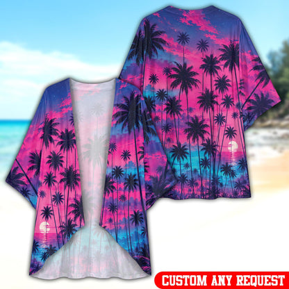 Tropical sunset cardigan featuring neon sky and palm tree print in pink and purple, main view