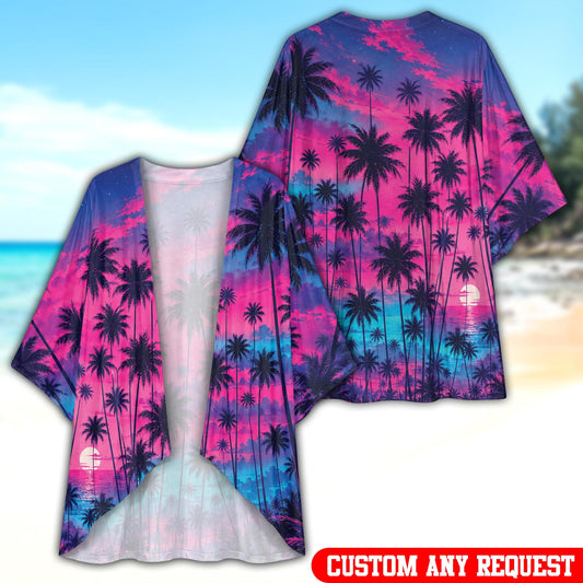 Tropical sunset cardigan featuring neon sky and palm tree print in pink and purple, main view