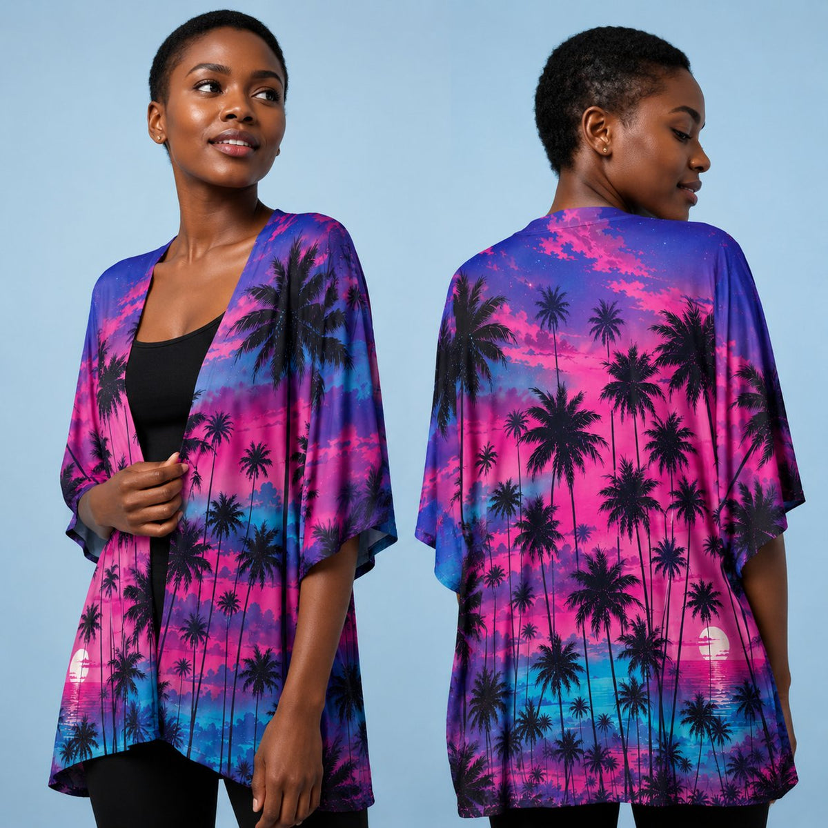 Lifestyle view of the tropical sunset cardigan worn in a casual setting