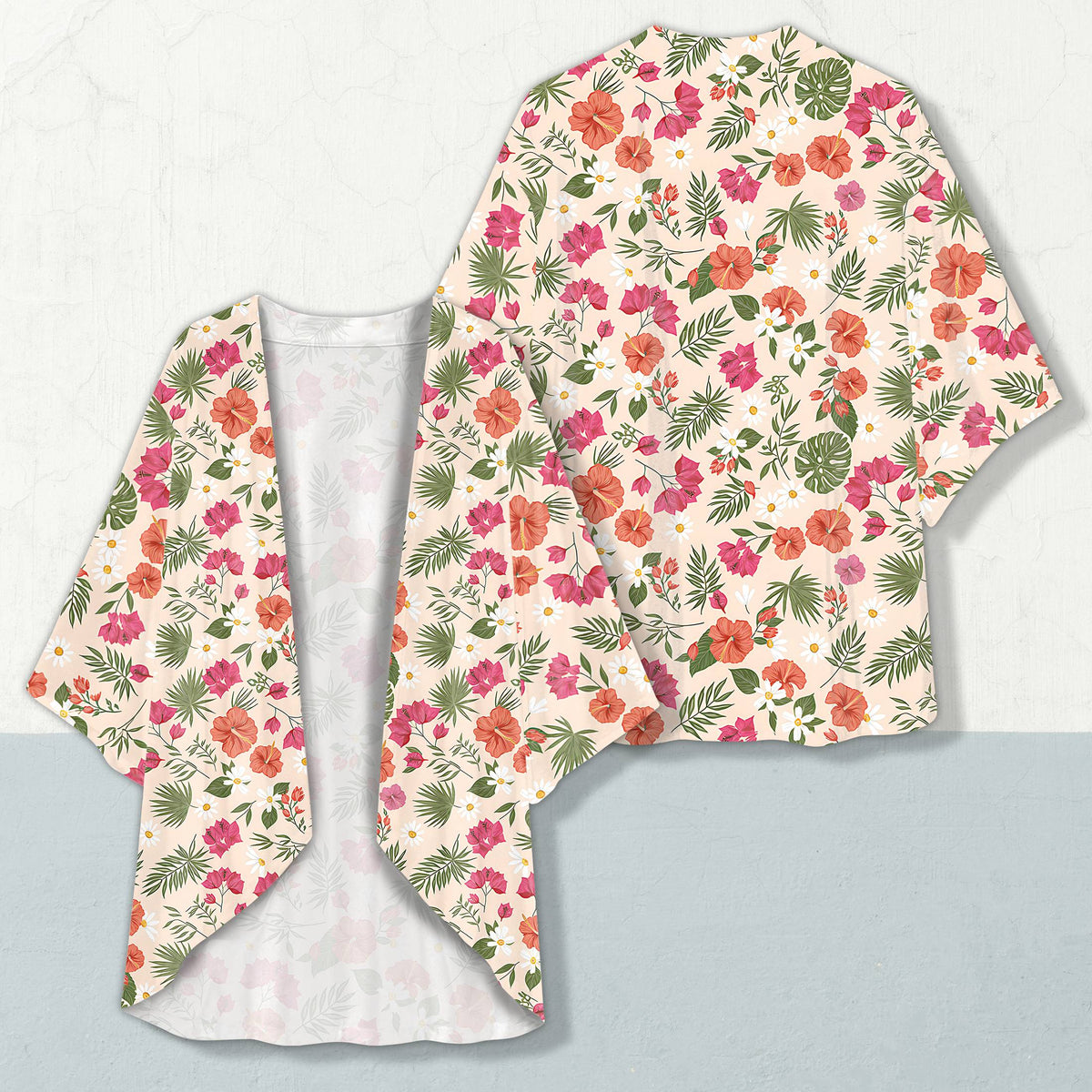 Another front view of the white tropical kimono cardigan