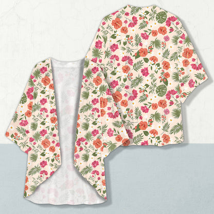 Another front view of the white tropical kimono cardigan