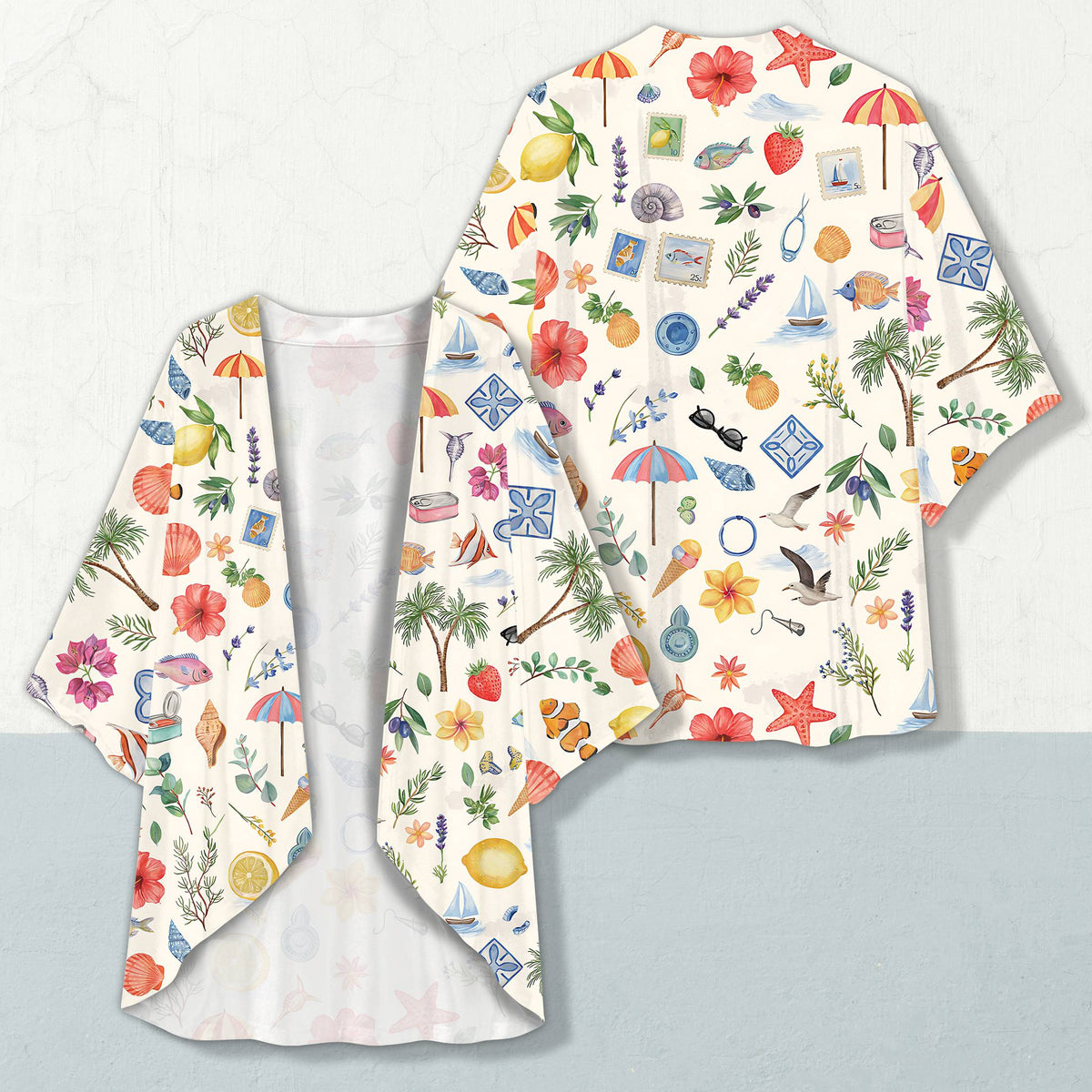 Detail front view of the white tropical kimono cardigan