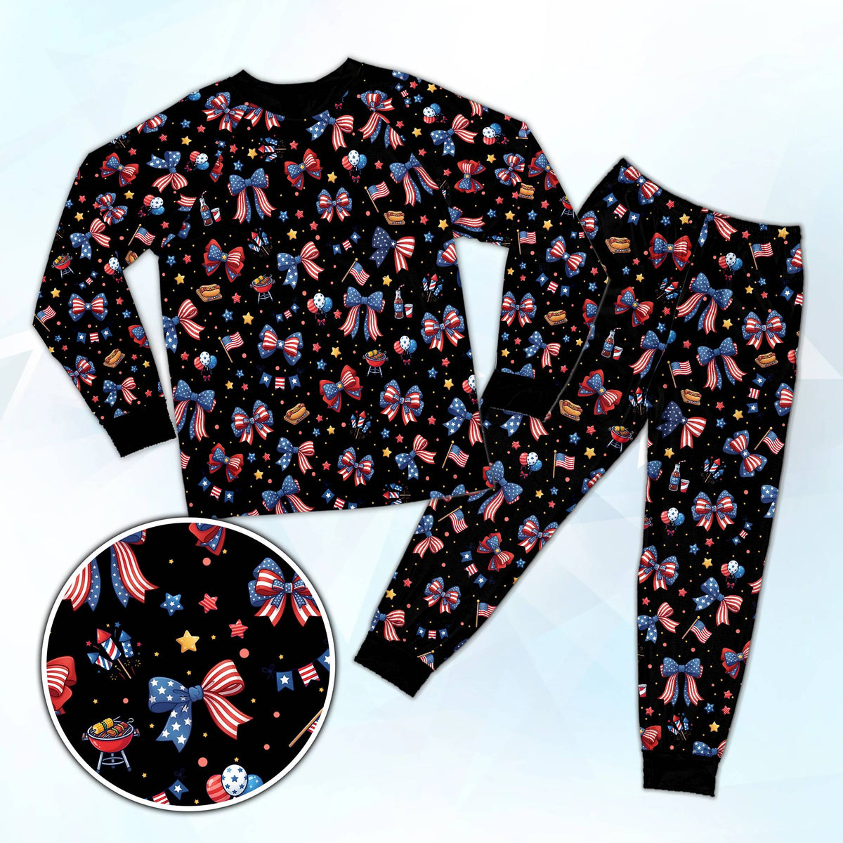 Matching family 4th of July pajama set in black with patriotic print