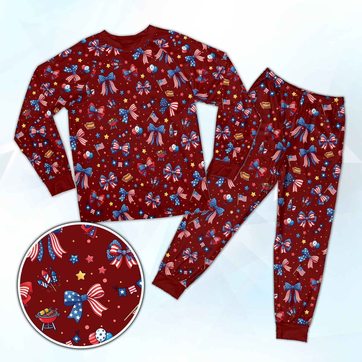 Maroon 4th of July pajama set with all-over patriotic print