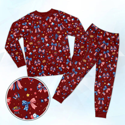 Maroon 4th of July pajama set with all-over patriotic print
