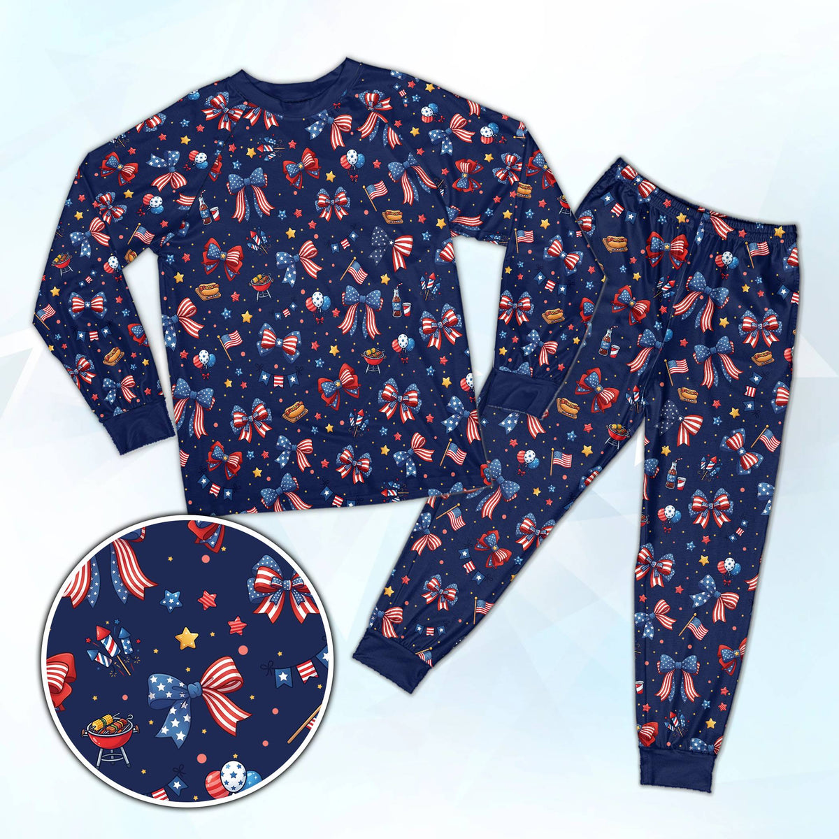 Navy blue family matching holiday pajamas with hot dog and bow design