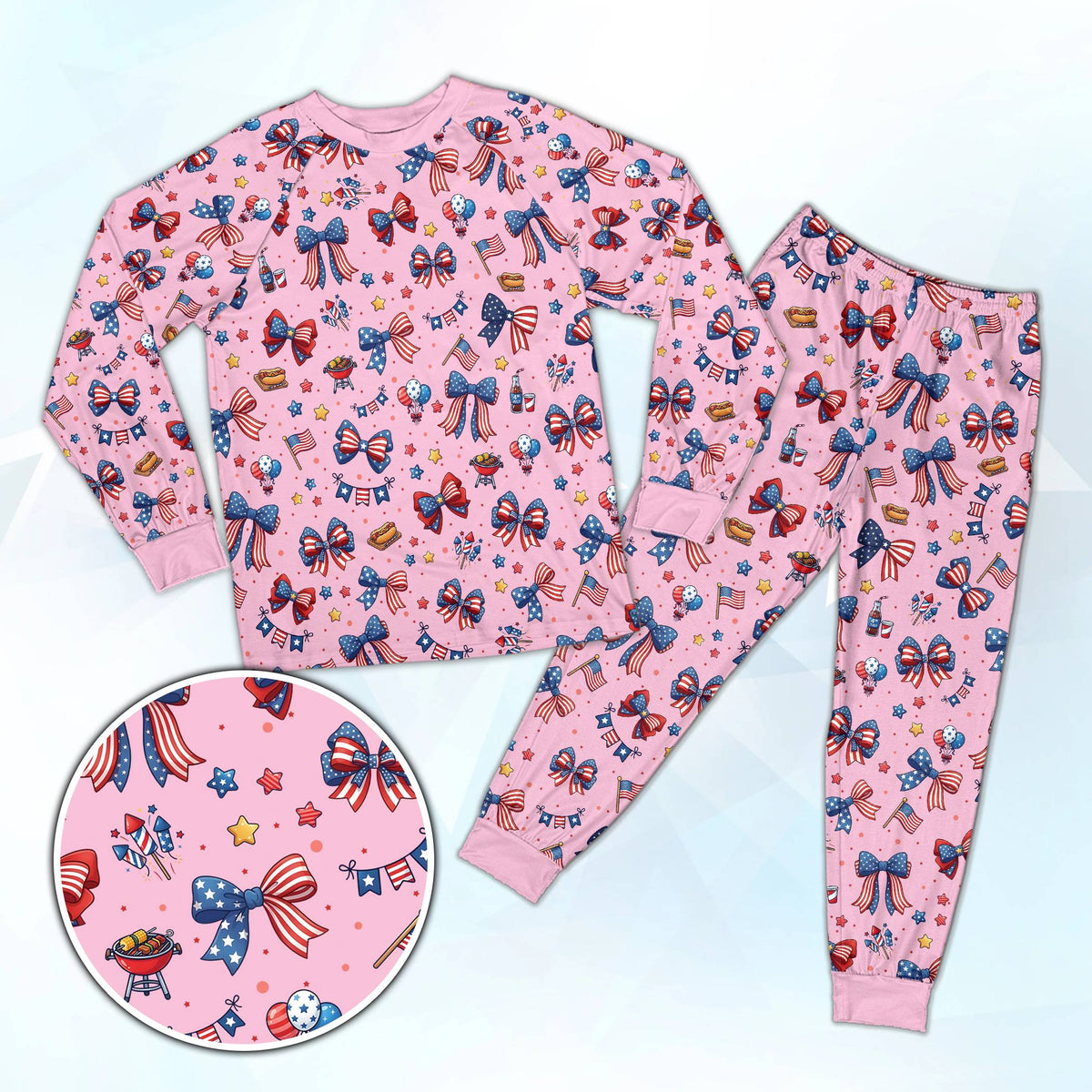 Pink holiday matching family pajamas with American flag bows