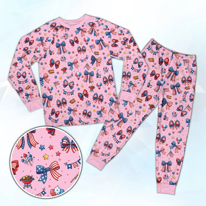 Pink holiday matching family pajamas with American flag bows