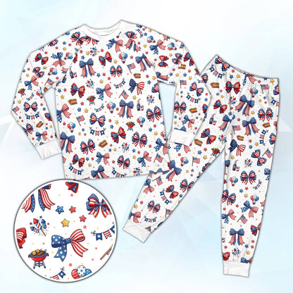 White 4th of July pajama set featuring fireworks and stars