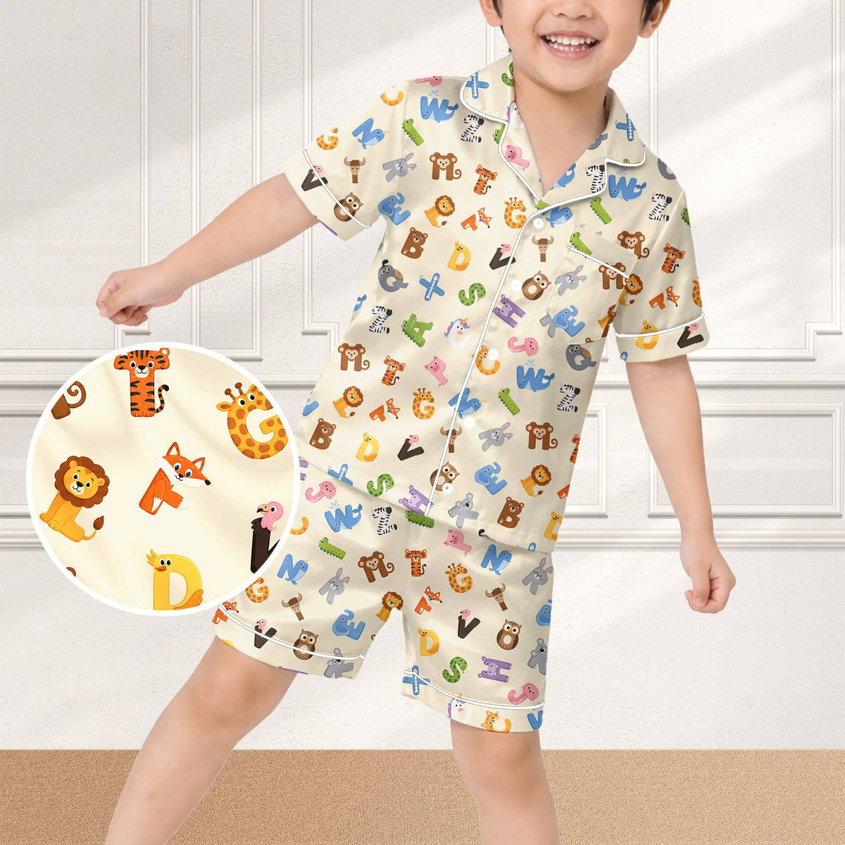 Front view of the kids animal alphabet pajama set