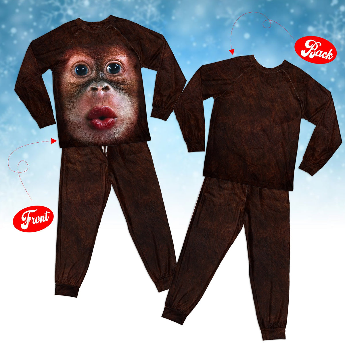 Brown animal fur matching pajamas for family, alternative front view