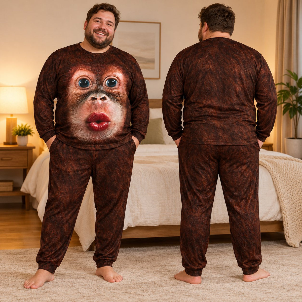 Family pajamas matching set in brown monkey fur design, another front view