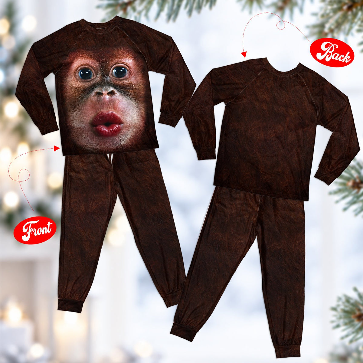 Detailed front view of the monkey face on the animal pajama set