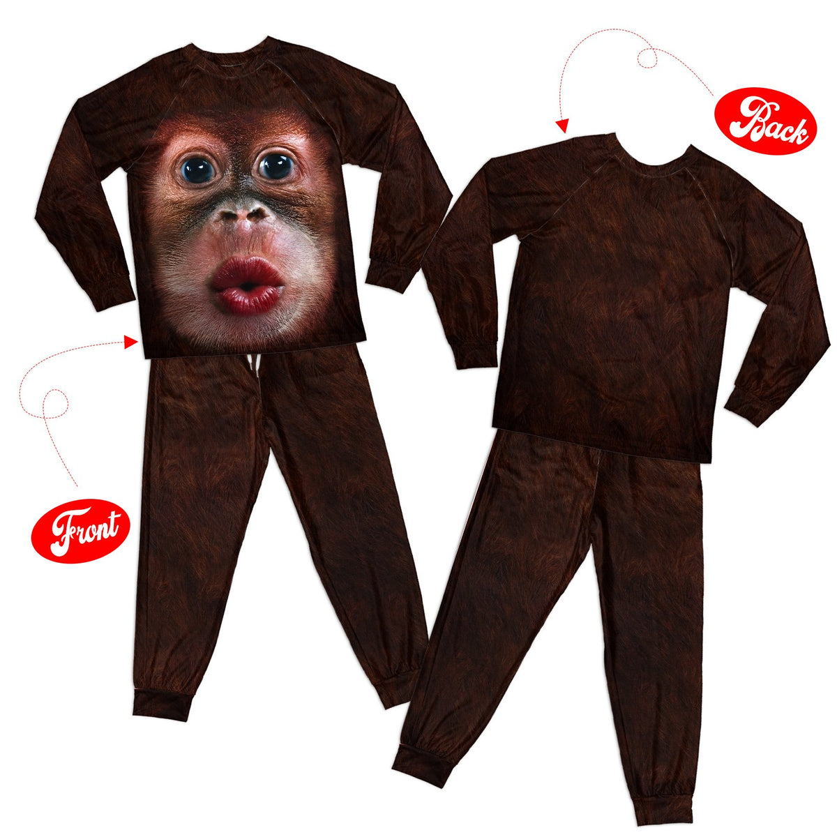 Matching family pajamas with monkey face graphic, front view
