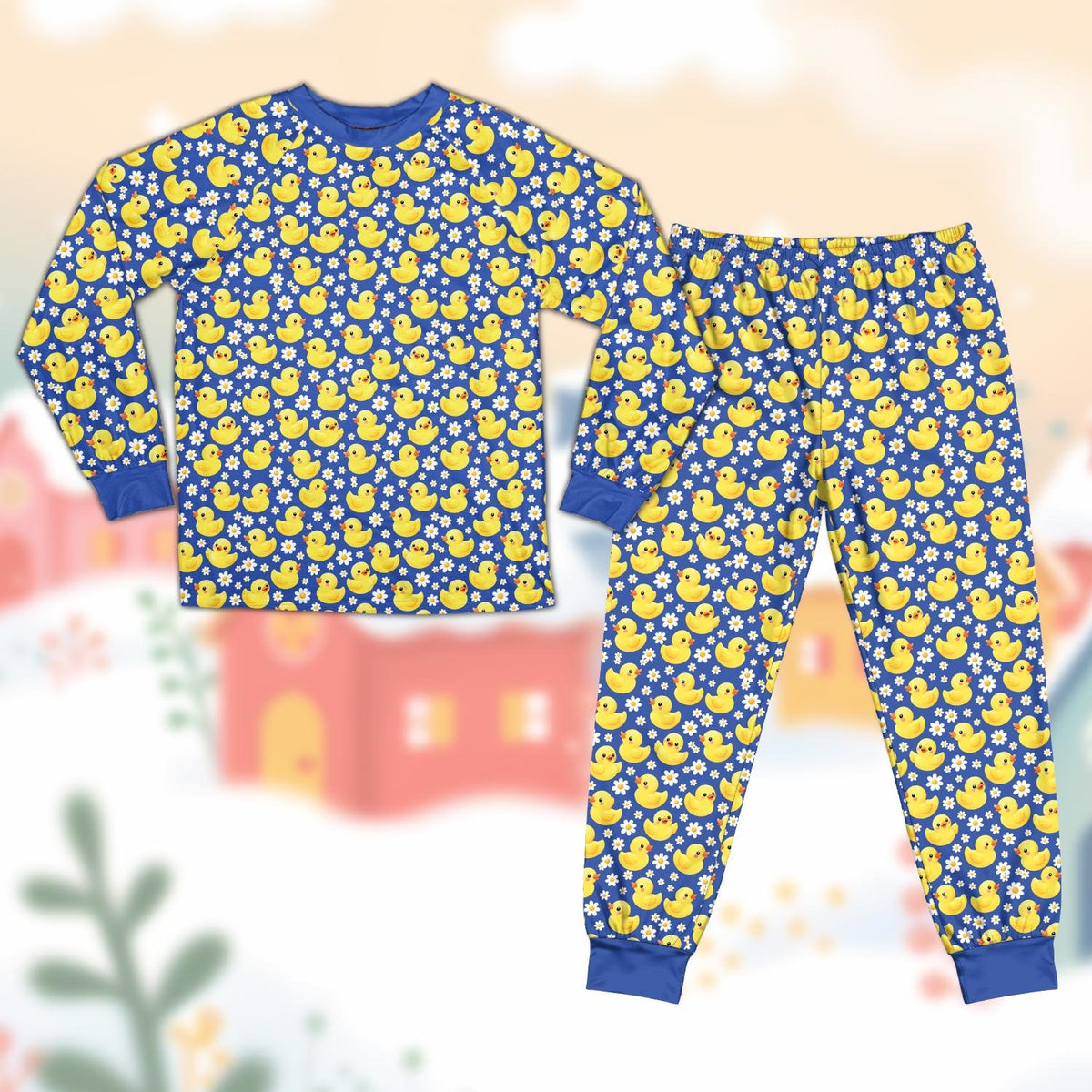 Matching family pajamas with a rubber duck and daisy pattern, front view