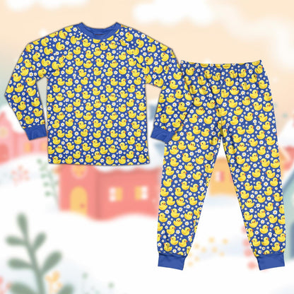 Matching family pajamas with a rubber duck and daisy pattern, front view