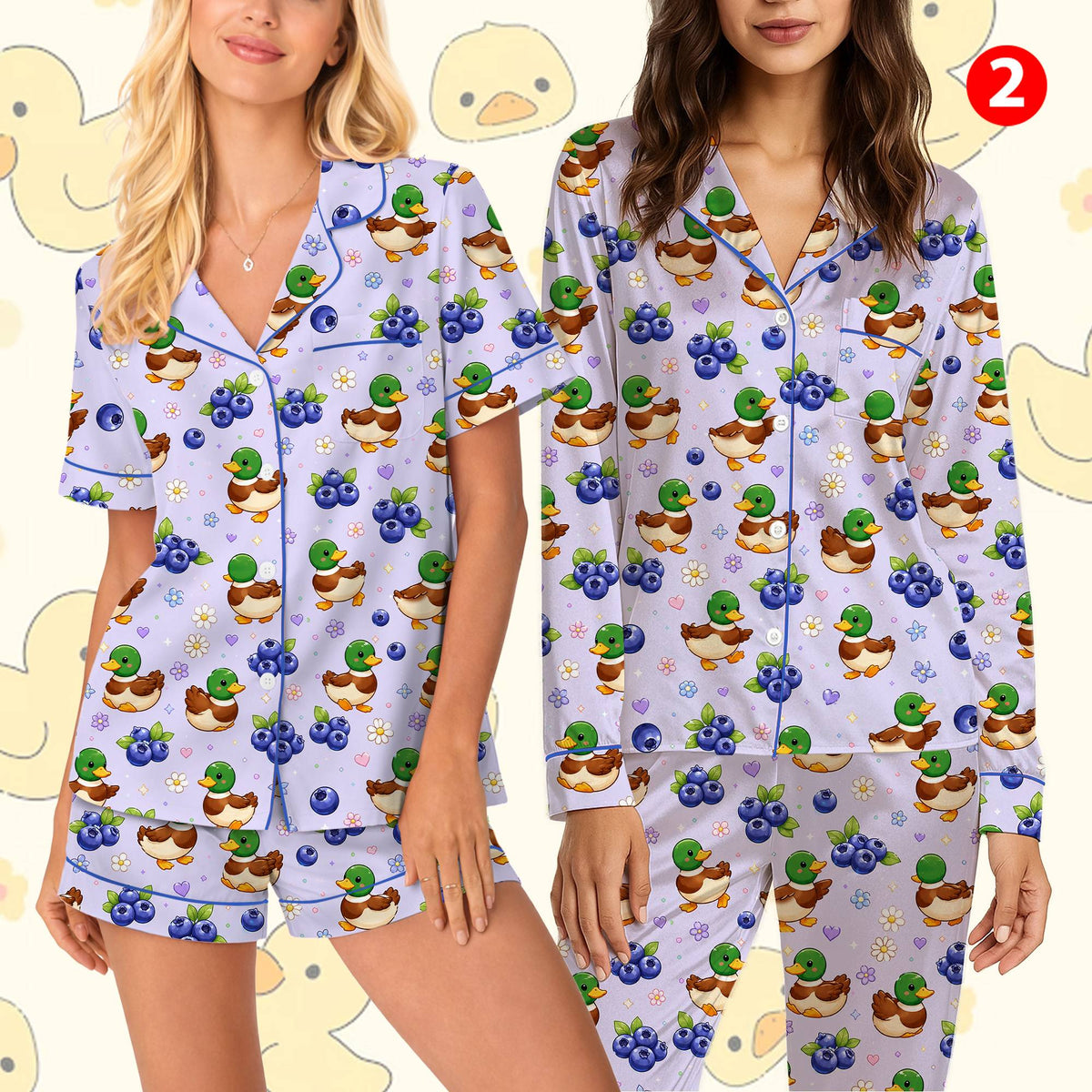 Mallards and blueberries pattern pajama set front view