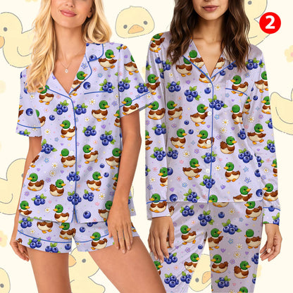 Mallards and blueberries pattern pajama set front view