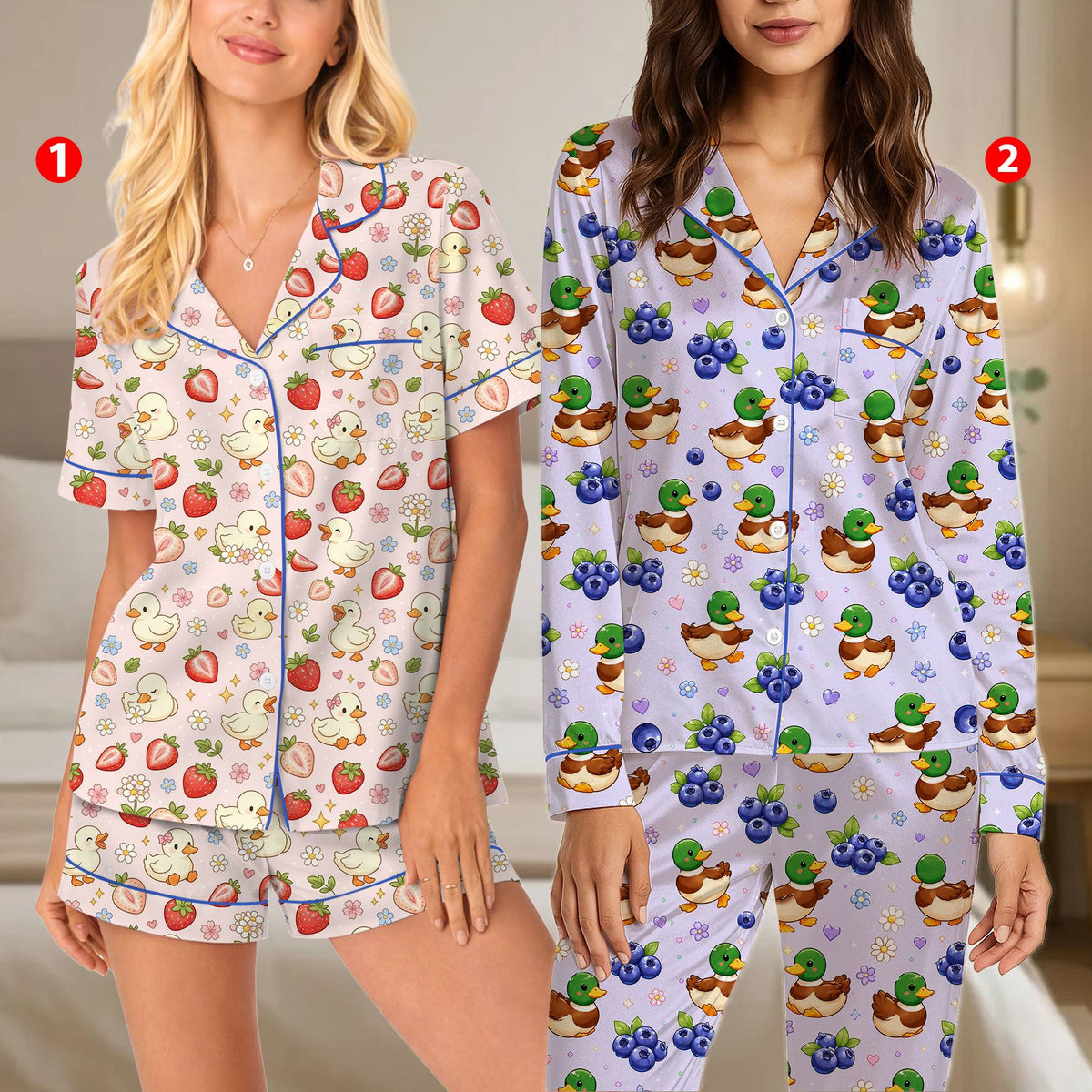 Close-up front view of the pajama set showing the repeating pattern