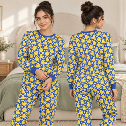 Animals pajama set featuring yellow rubber ducks and white daisies on a blue background, main view