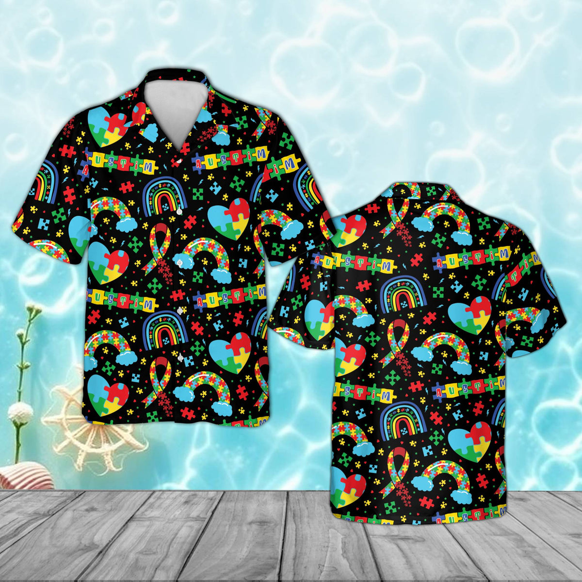Black autism awareness pajama set with puzzle piece hearts and rainbows, front view