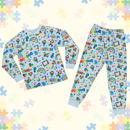Blue style of the matching pajamas for family featuring autism awareness symbols, front view