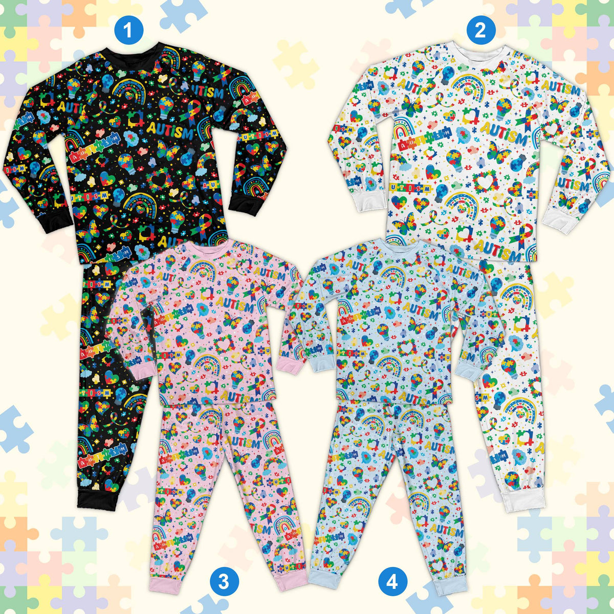 Front view of the black autism awareness pajama set showing a repeating pattern of ribbons and text