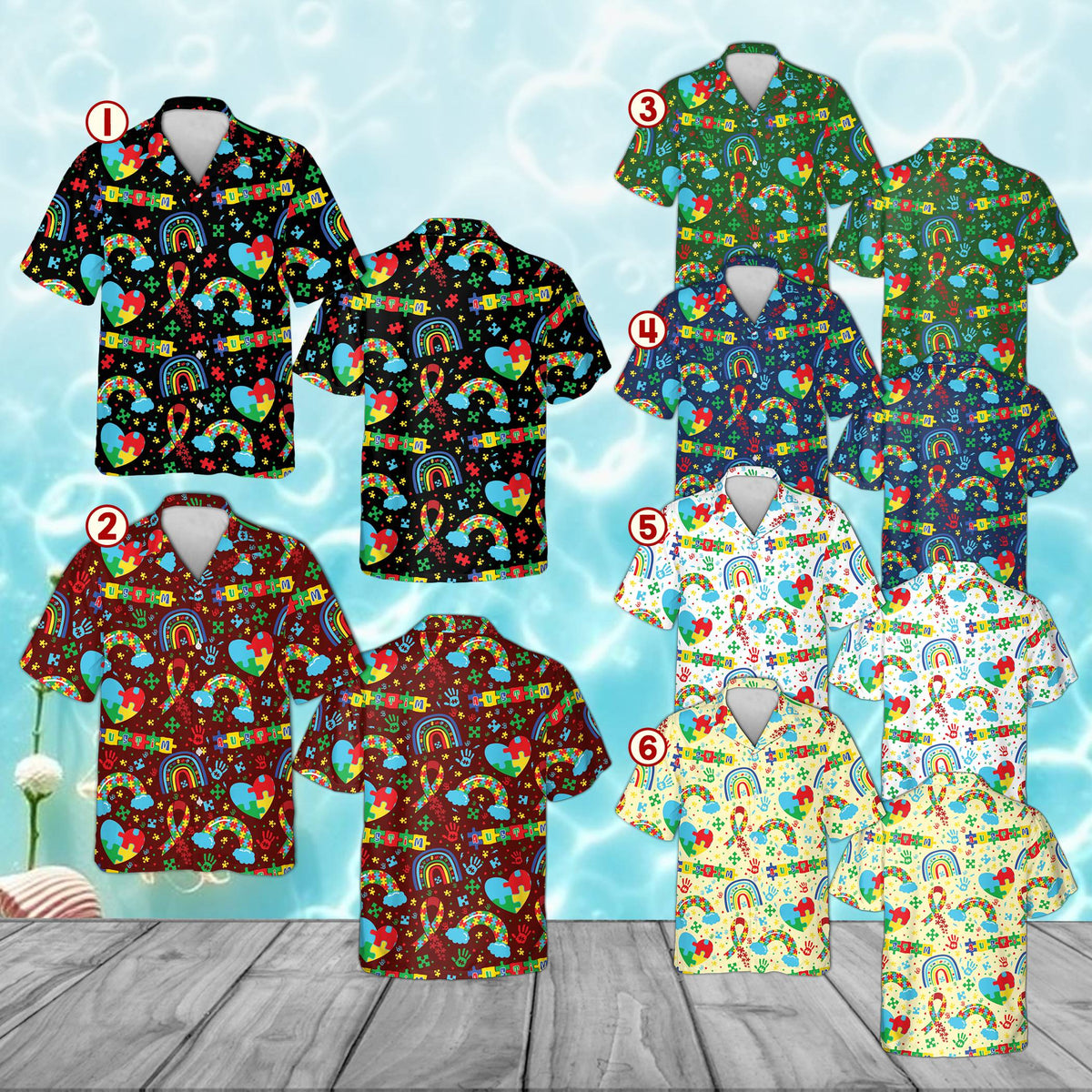Autism awareness pajama set group display showing matching family pajamas