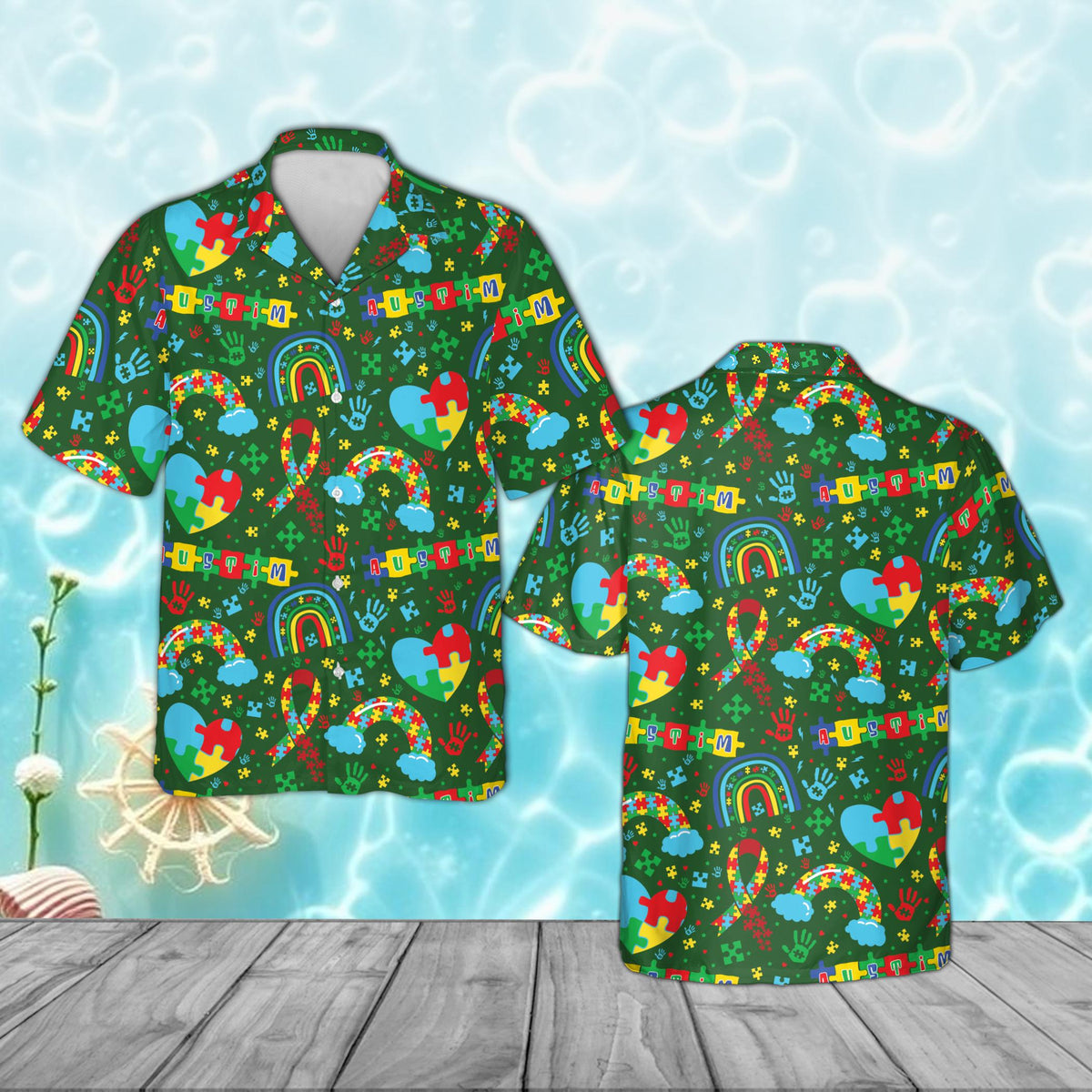 Green autism awareness pajama set with puzzle piece hearts and rainbows, front view