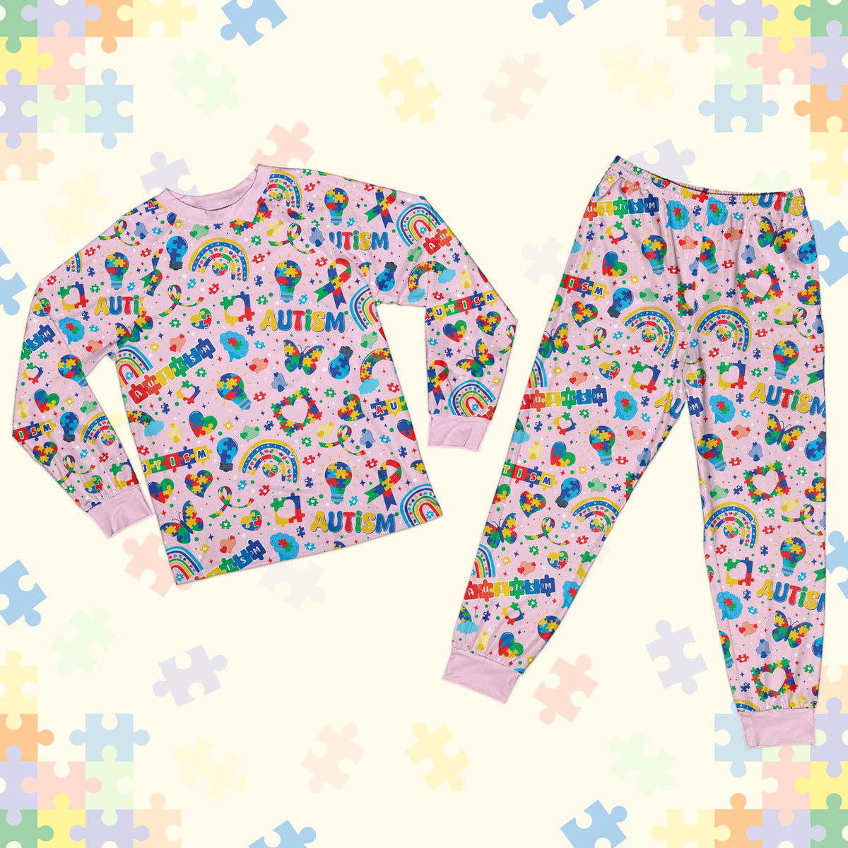 Pink variation of the family matching autism awareness pajama set, front view