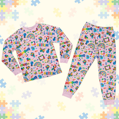 Pink variation of the family matching autism awareness pajama set, front view