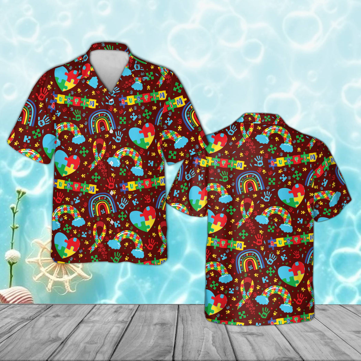 Red autism awareness pajama set with puzzle piece hearts and rainbows, front view