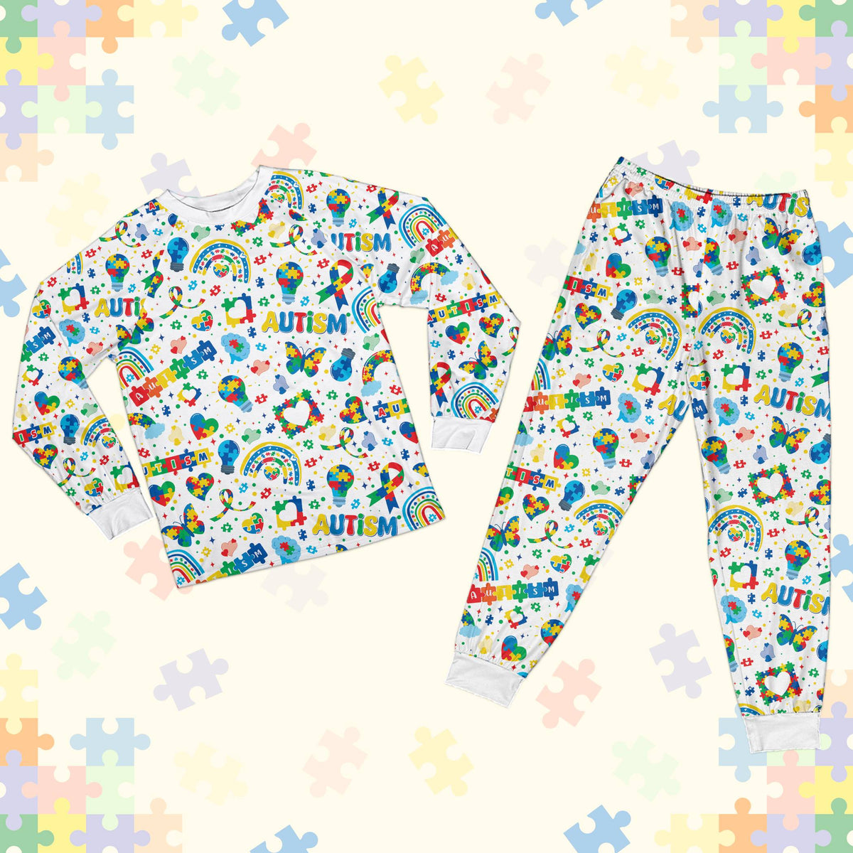 White version of the autism awareness pajama set with butterflies and rainbows, front view