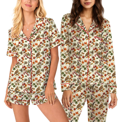Cream autumn pajama set with red piping, front view