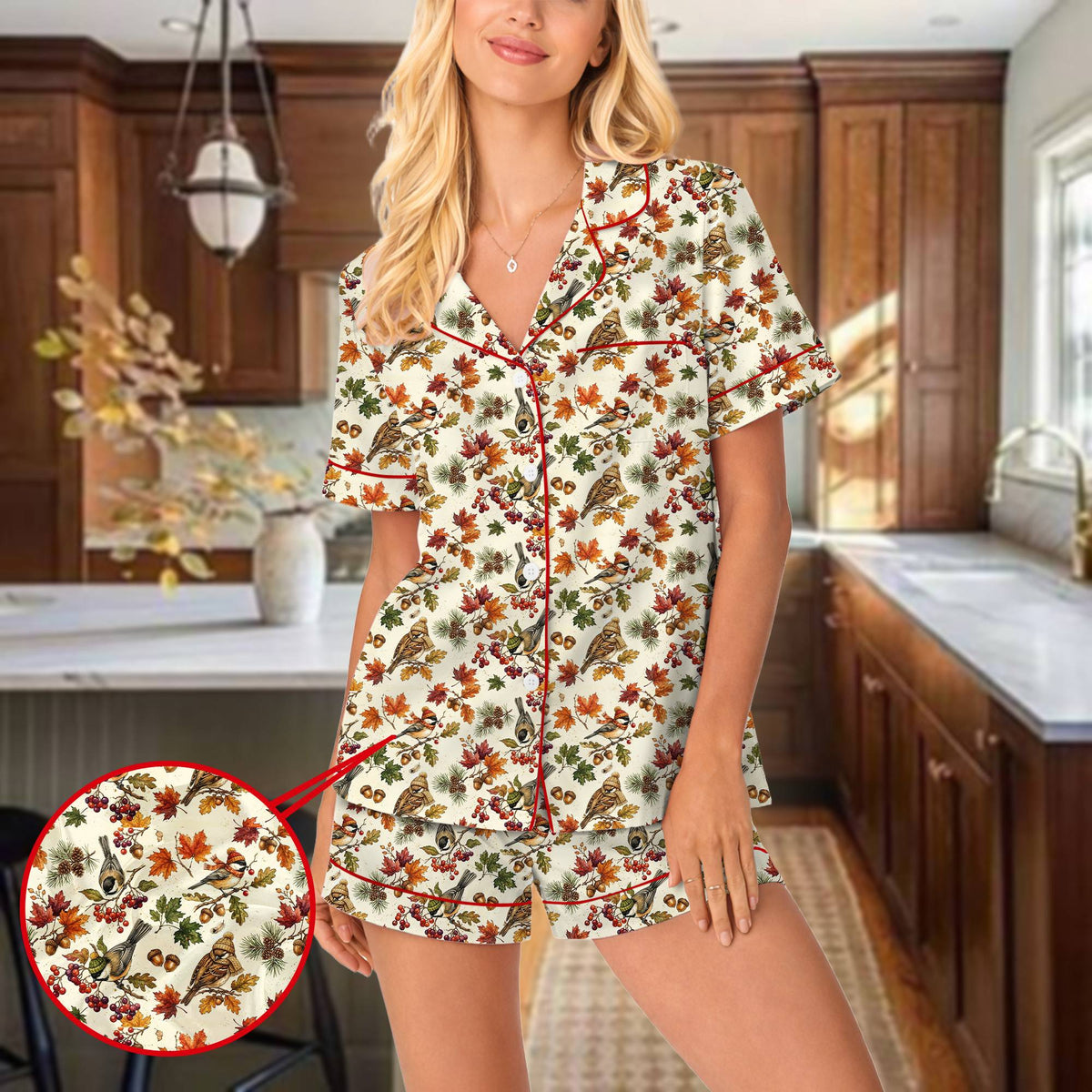 Fall leaves and acorns matching pajamas for family, front view