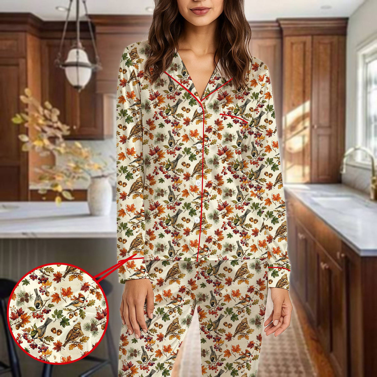 Sleepwear featuring autumn birds and red piping, front view