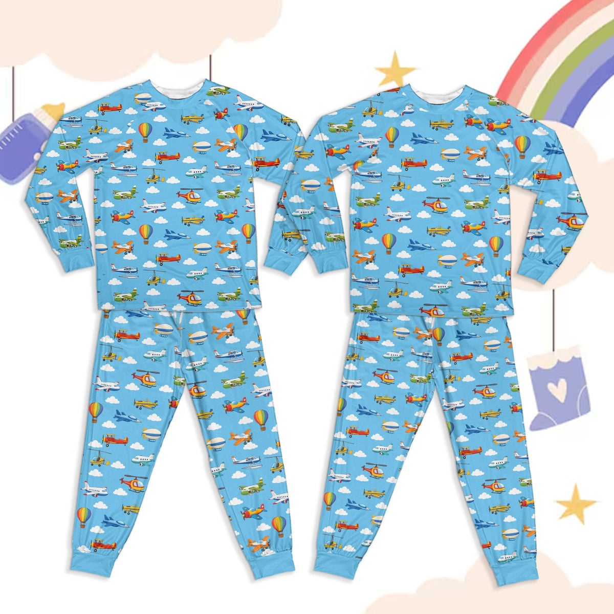 Front view of the colorful aviation pajama set top and bottom