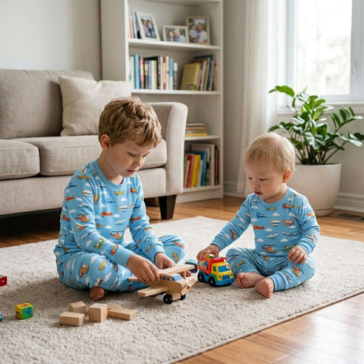 Family wearing matching aviation pajama sets while lounging together