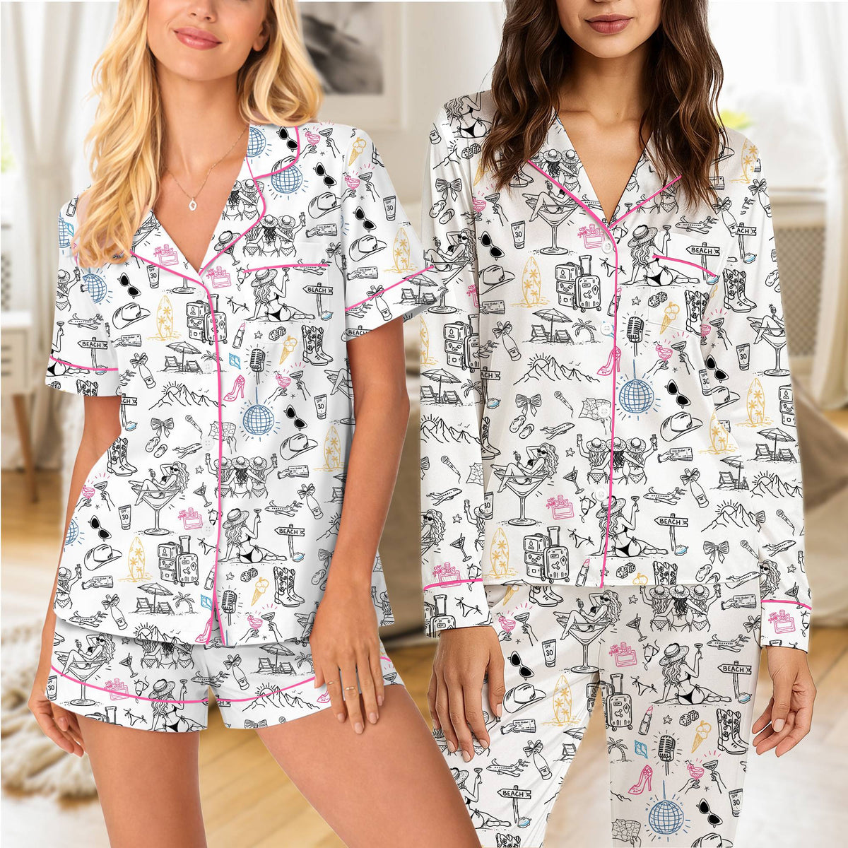 Doodle print pajama set with pink, blue, and yellow pops of color